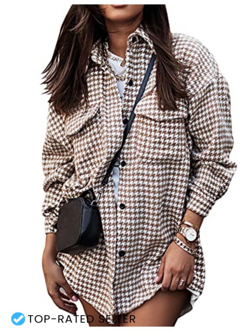 Women's Houndstooth Shacket Flannel Plaid Button Down Casual Jacket